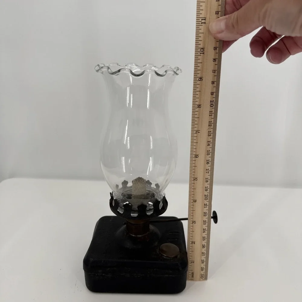 Antique Adams & Westlake‎ Co. Compact Table Top Kerosene Oil Lamp Tin Tank Glass